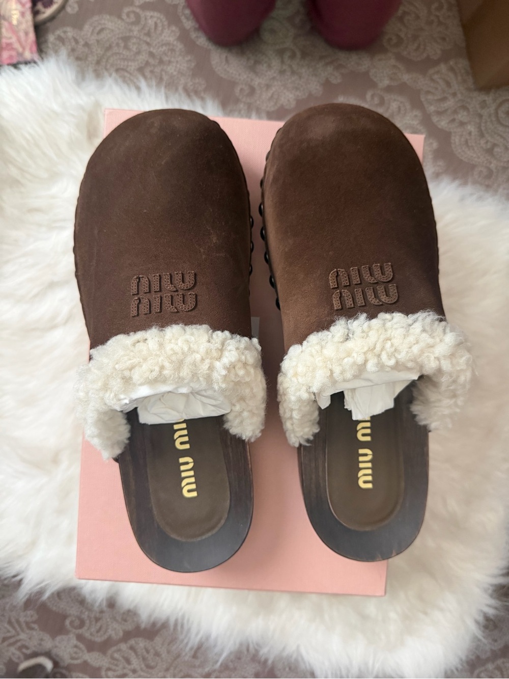 Miu Miu Brown Suede Shearling-Trim Slip-On Clogs